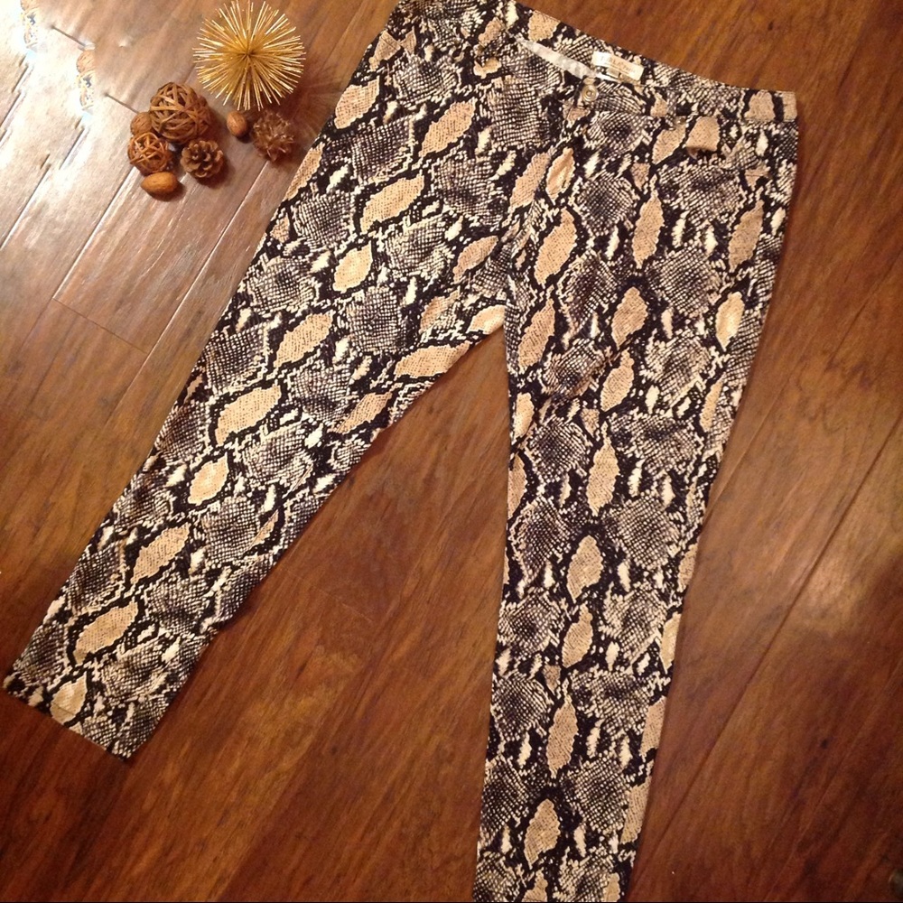 FORLA Paris Pants Snakeskin Pattern Skinny Pants Brown Beige White Sz XL